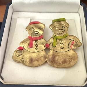 Gold Snowman Brooch with Red and Green Accents